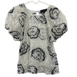 Laundry by Shelli Segal Size Small Embroidered Top Ivory Floral Puff Sleeve Mesh